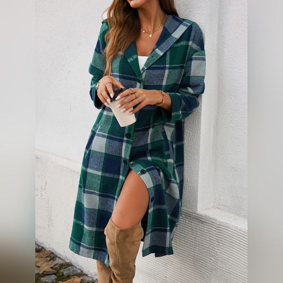 Green Plaid Whisper Hooded Coat - Picture 3 of 11